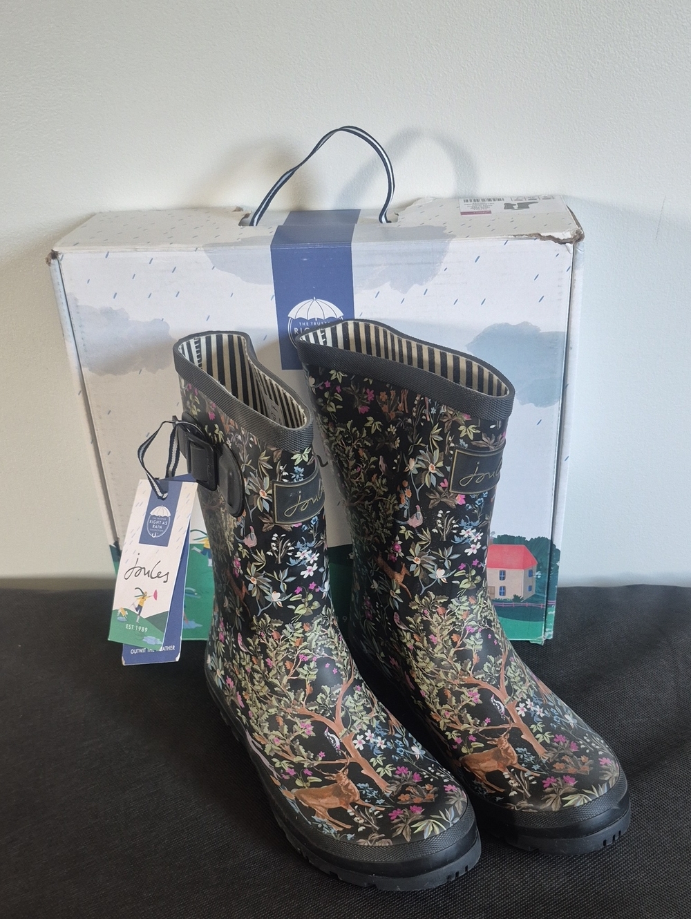 Joules Black Floral & Deer Pattern Rain Boots